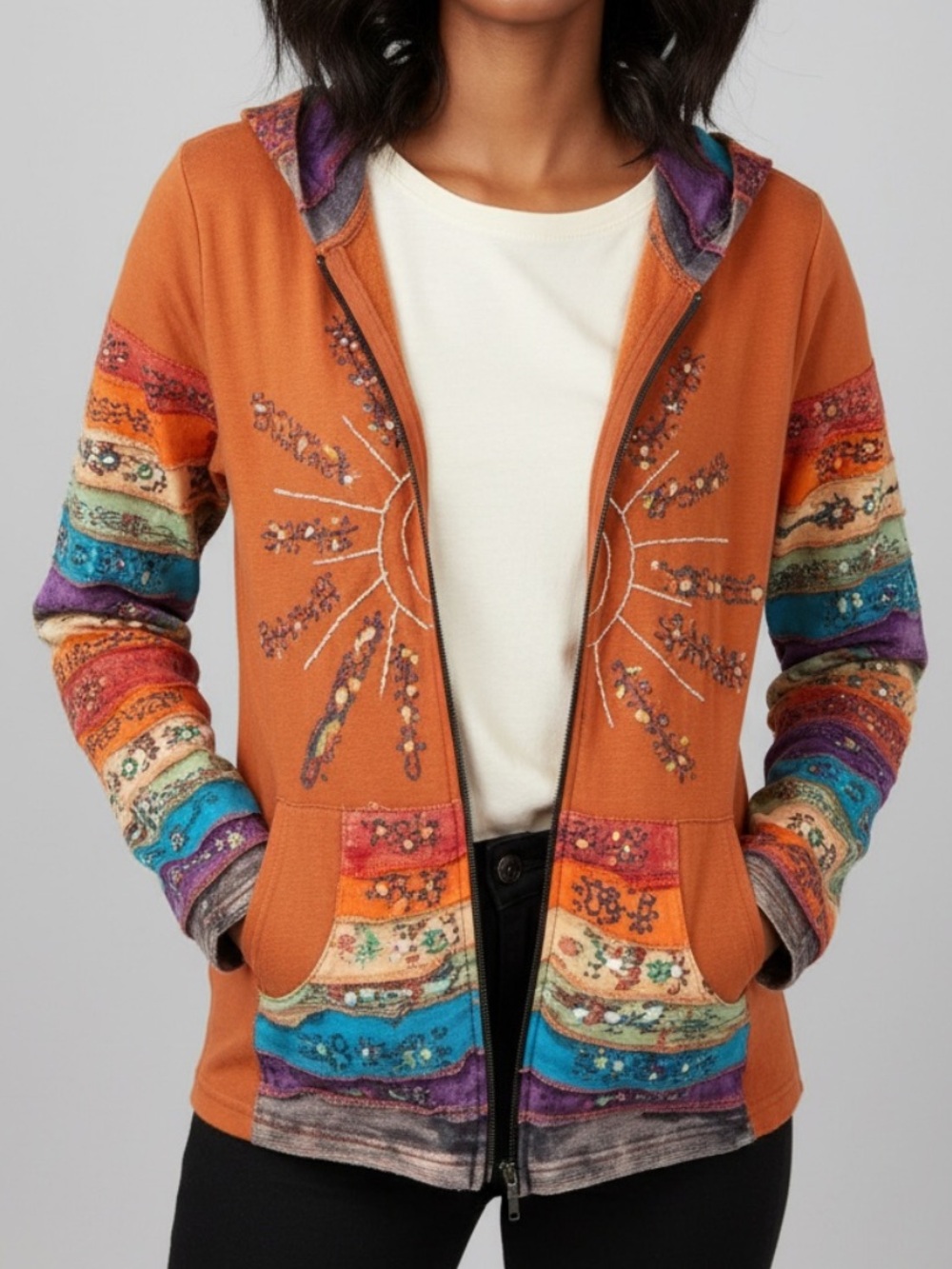 New!  Rising International 100 % cotton  Boho Sun Zip Hoodie